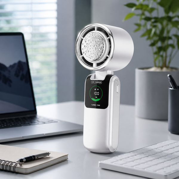 Person using FrostWave Turbo Fan at their desk while working