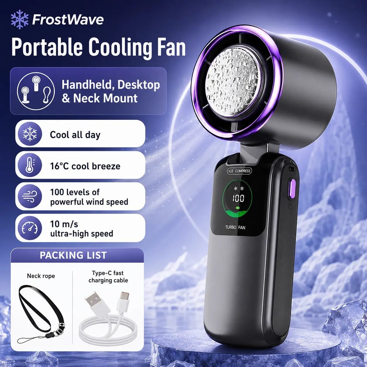 FrostWave™ Turbo Fan | Ice Cooling Portable Handheld Fan