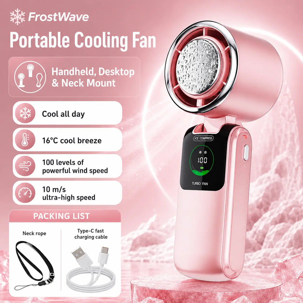 FrostWave™ Turbo Fan | Ice Cooling Portable Handheld Fan