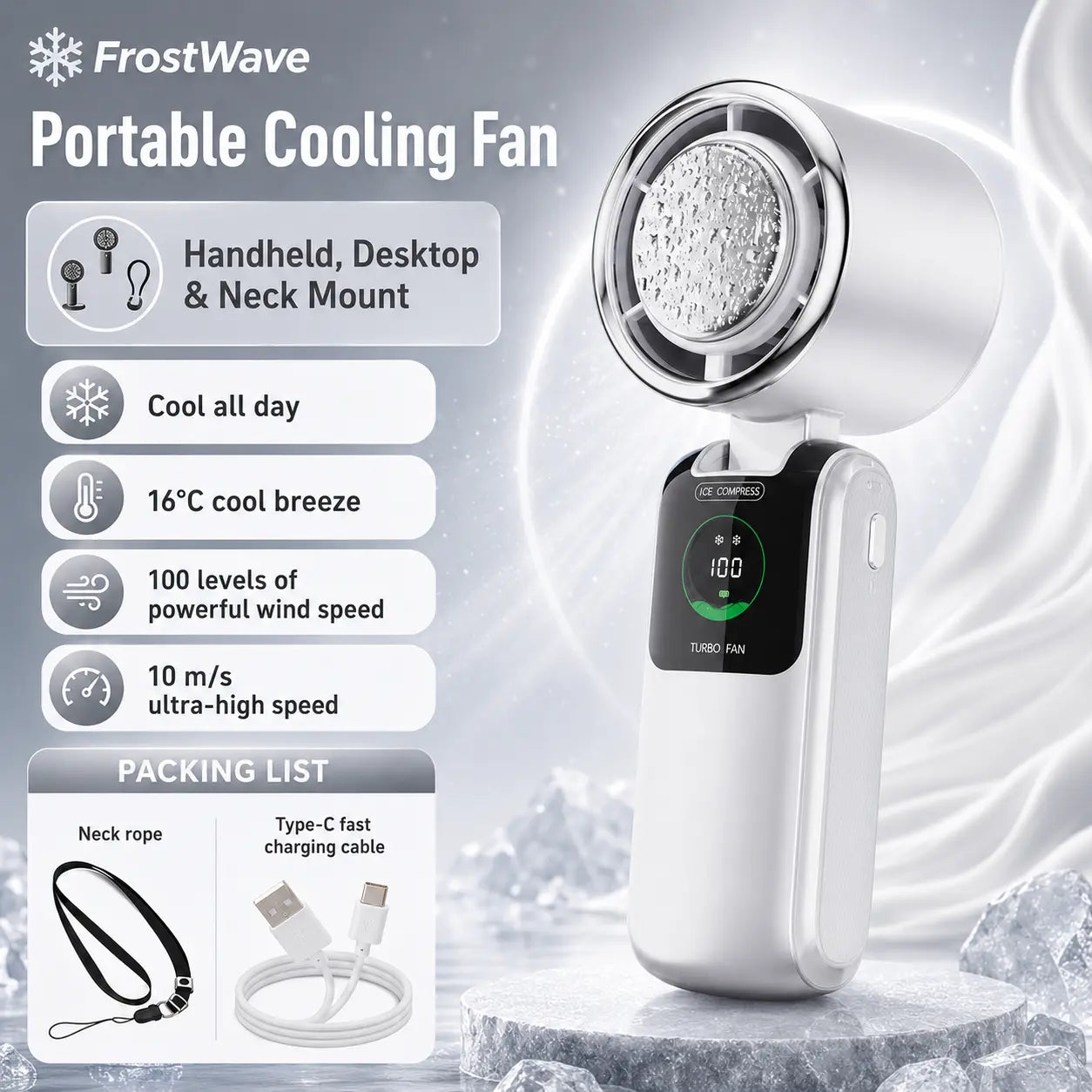 FrostWave™ Turbo Fan | Ice Cooling Portable Handheld Fan