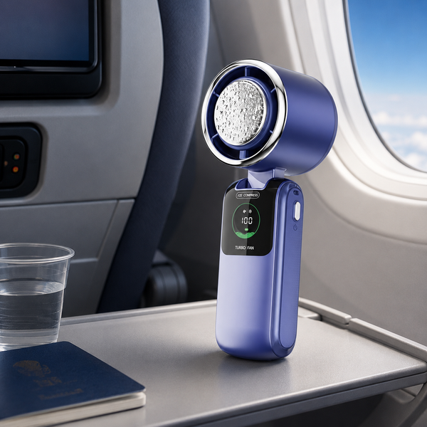 Traveler using FrostWave Turbo Fan on a plane